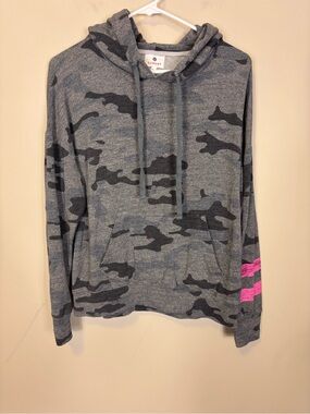 Sunday Gray Camo Pullover Hoodie with Pink Sleeve Stripes Size XS